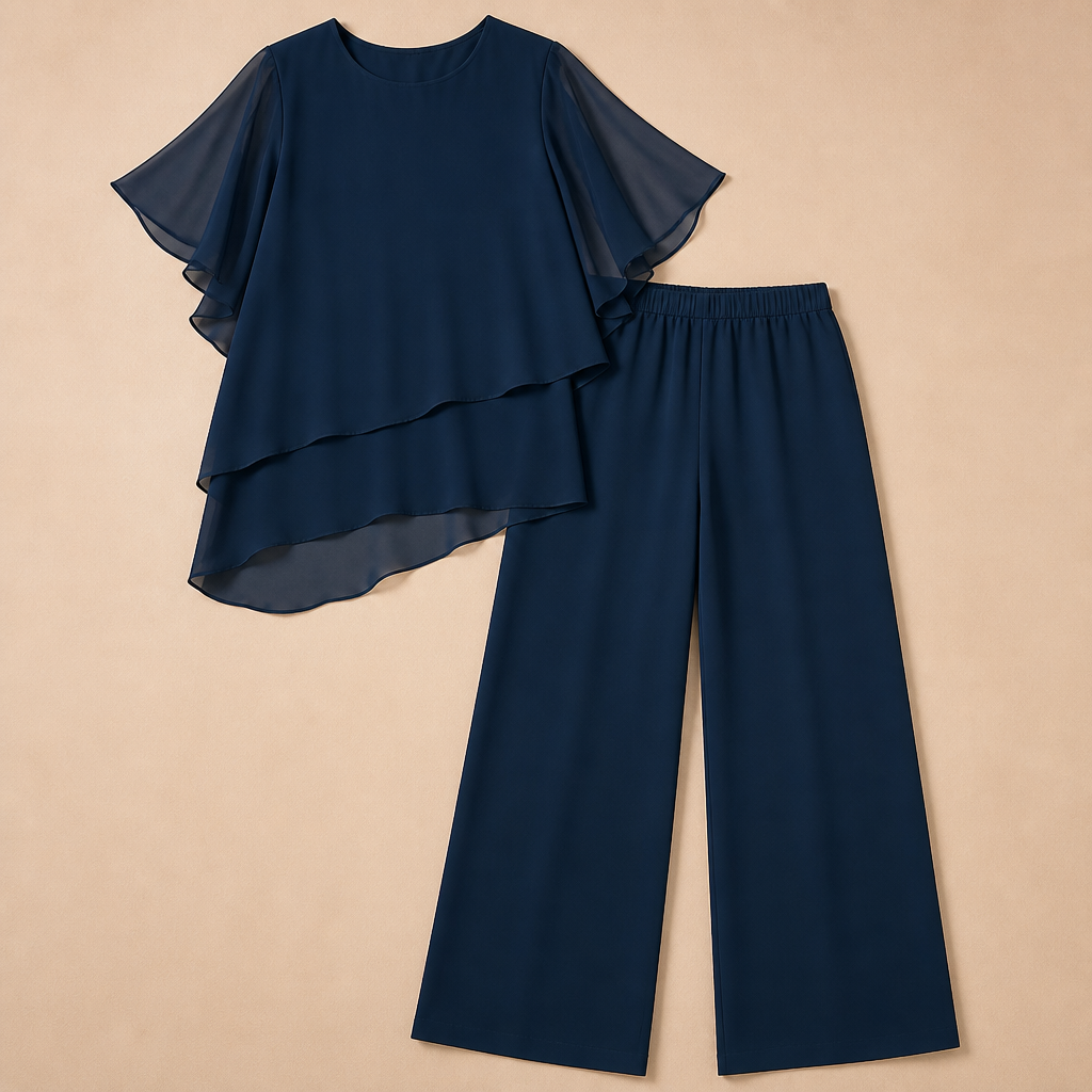 VeloraFit™ – Stylish Asymmetric Chiffon Two-Part Pant Ensemble