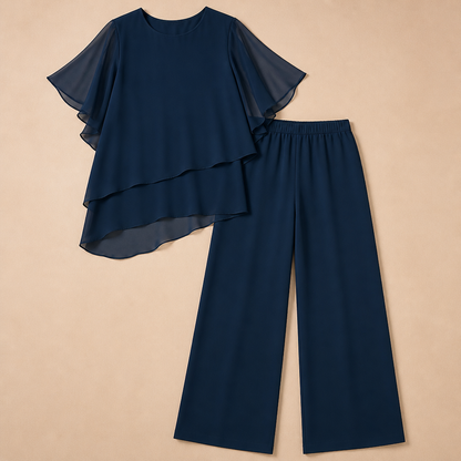 VeloraFit™ – Stylish Asymmetric Chiffon Two-Part Pant Ensemble