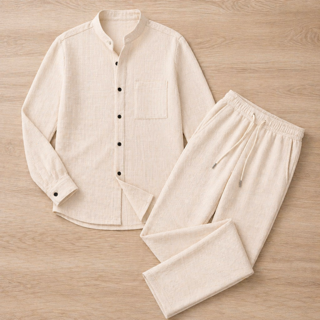 AnyWear™ – Comfortable Waffle-Knit Shirt and Pants Set with Mandarin Collar