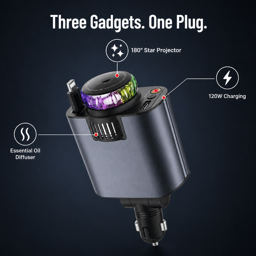 LumiVibe™ — Power, Fragrance & Star-Projection for Your Car from a Single Plug