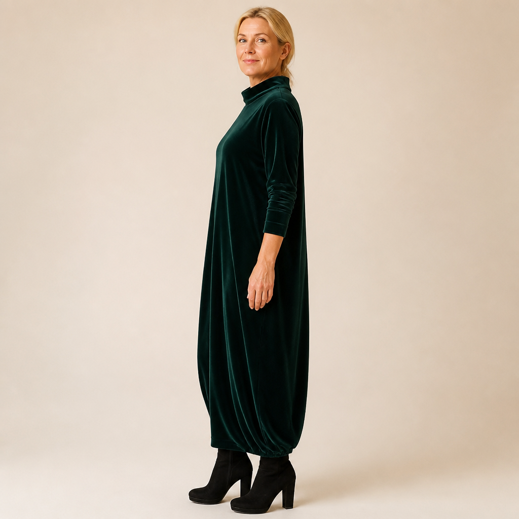 VioraForm™ – Velvet Cocoon Maxi Dress with Mock-Neck and Side Pockets