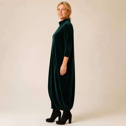 VioraForm™ – Velvet Cocoon Maxi Dress with Mock-Neck and Side Pockets