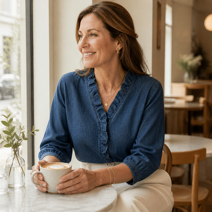 Brielle™ – Soft Chambray V-Neck Shirt with Ruffle and High-Low Hem