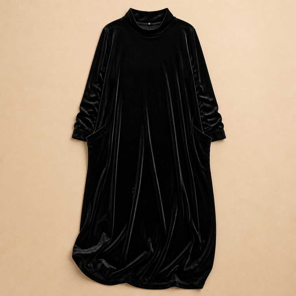 VioraForm™ – Velvet Cocoon Maxi Dress with Mock-Neck and Side Pockets