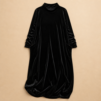 VioraForm™ – Velvet Cocoon Maxi Dress with Mock-Neck and Side Pockets
