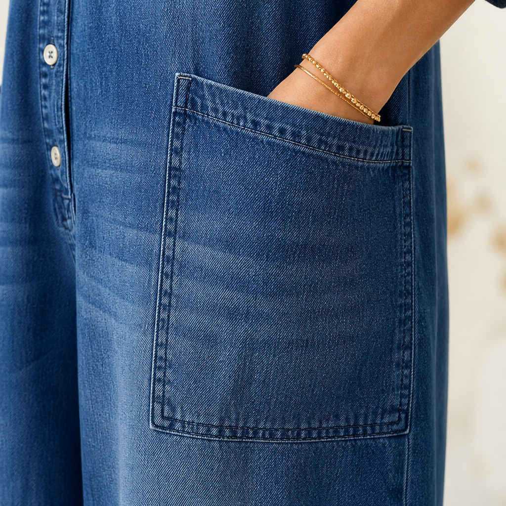 Flowease™ – Comfortable Wide-Leg Denim Jumpsuit Featuring Button-Front Top