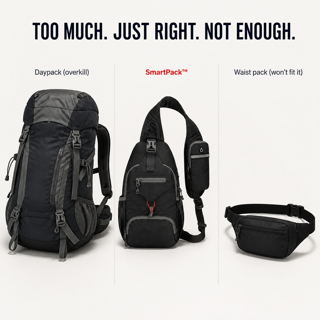 SmartPack™ — Hold Your Phone, Wallet & Water Bottle Minus the Backpack Baggage