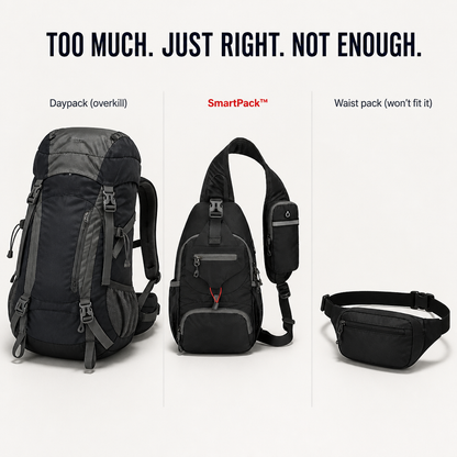 SmartPack™ — Hold Your Phone, Wallet & Water Bottle Minus the Backpack Baggage