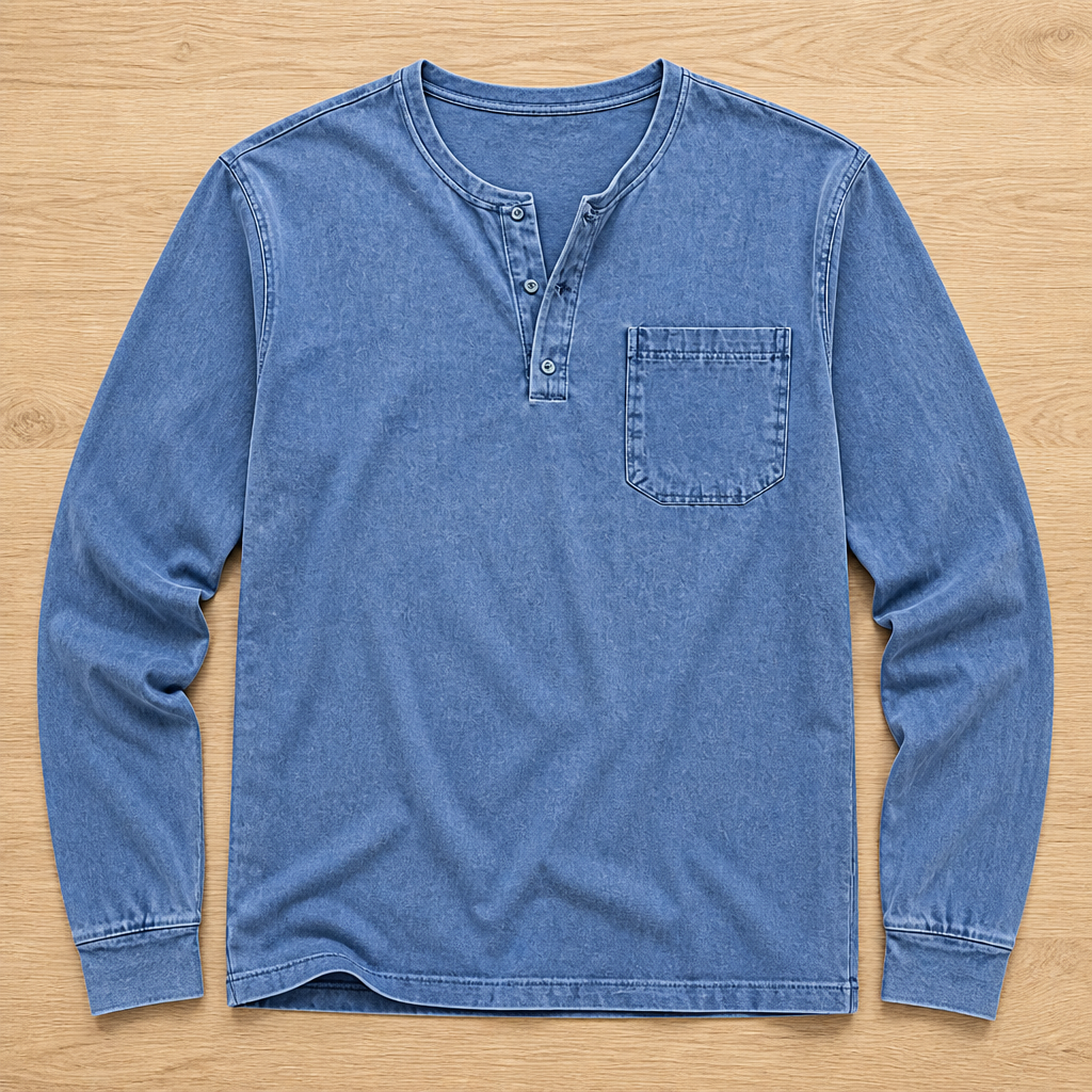 VeroVibe™ – Retro Washed Long Sleeve Henley Featuring Chest Pocket