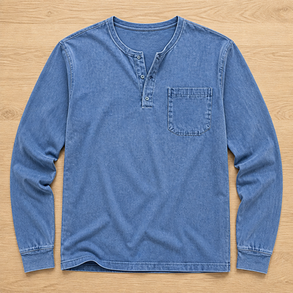 VeroVibe™ – Retro Washed Long Sleeve Henley Featuring Chest Pocket