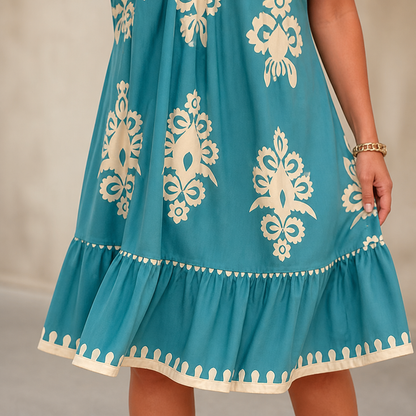 FlexiFit™ – Breezy Boho Patterned Midi Dress with Layered Hem