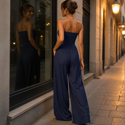 Solenne™ – Stylish Strapless Wide-Leg Jumpsuit with Smocked Back