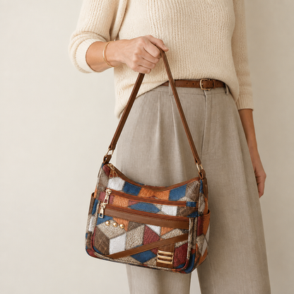 Mosaica™ – Retro Geometric Patchwork Shoulder Bag with Adjustable Strap