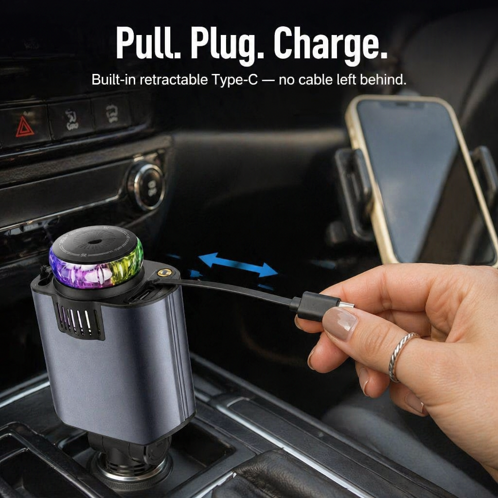 LumiVibe™ — Power, Fragrance & Star-Projection for Your Car from a Single Plug