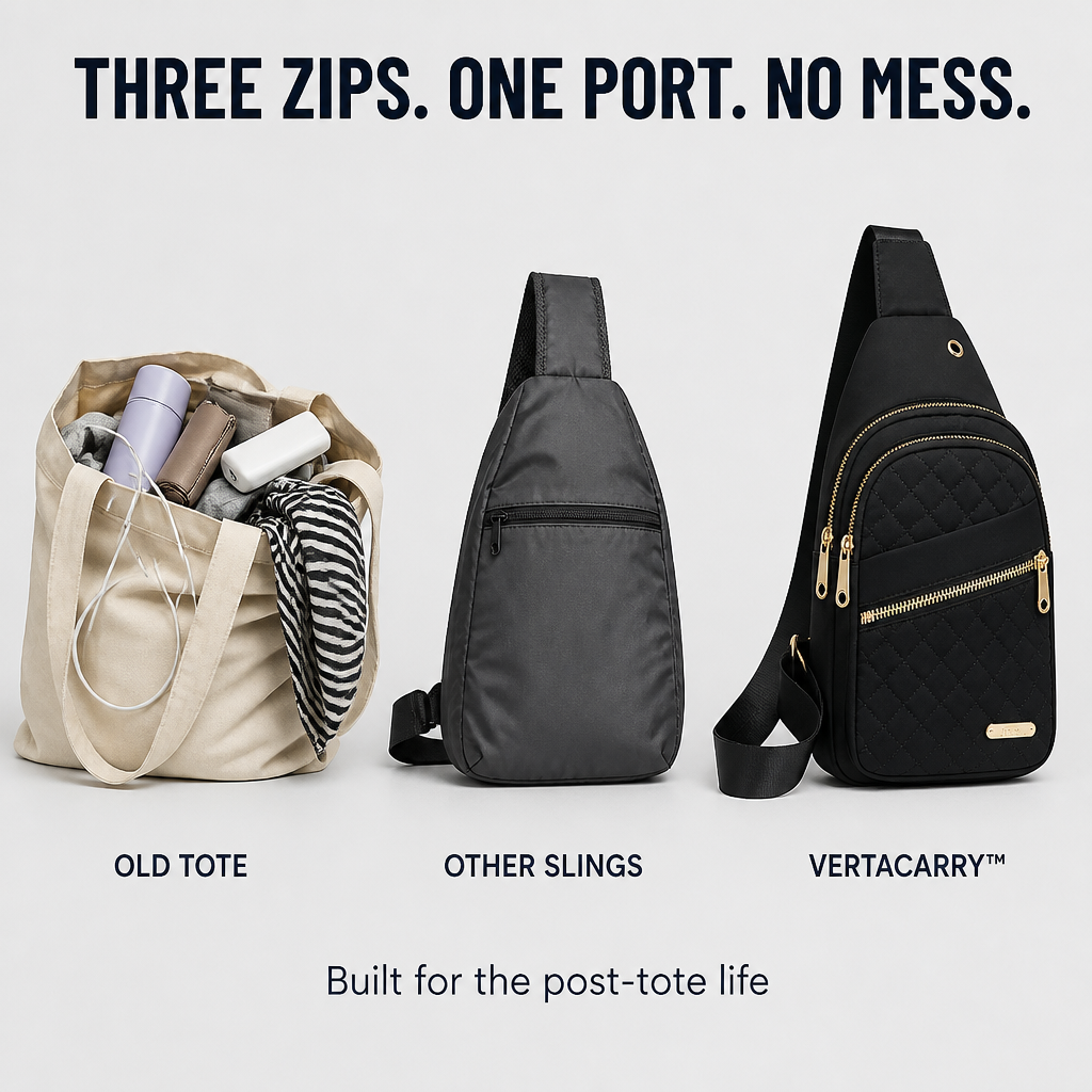VertaCarry™ — Skip the Tote and Hold Your Day in Three Zip Pockets