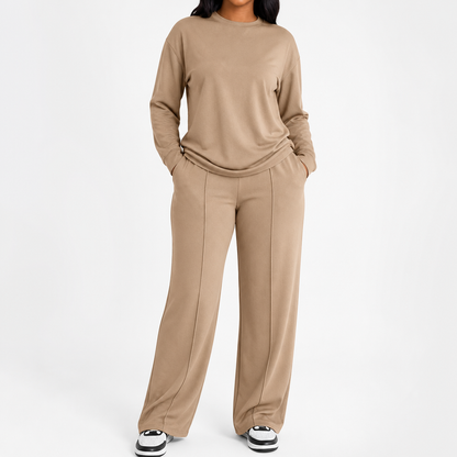 ElysianEase™ – Comfortable Long Sleeve Shirt & Wide-Leg Trousers Set