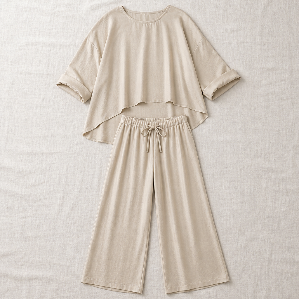 TrueStyle™ – Laid-Back Two-Piece Outfit with Asymmetric Hem & Wide-Leg Trousers