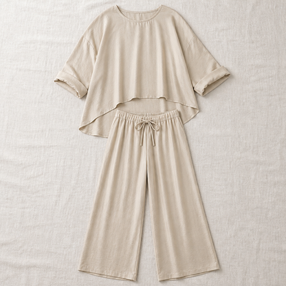 TrueStyle™ – Laid-Back Two-Piece Outfit with Asymmetric Hem & Wide-Leg Trousers