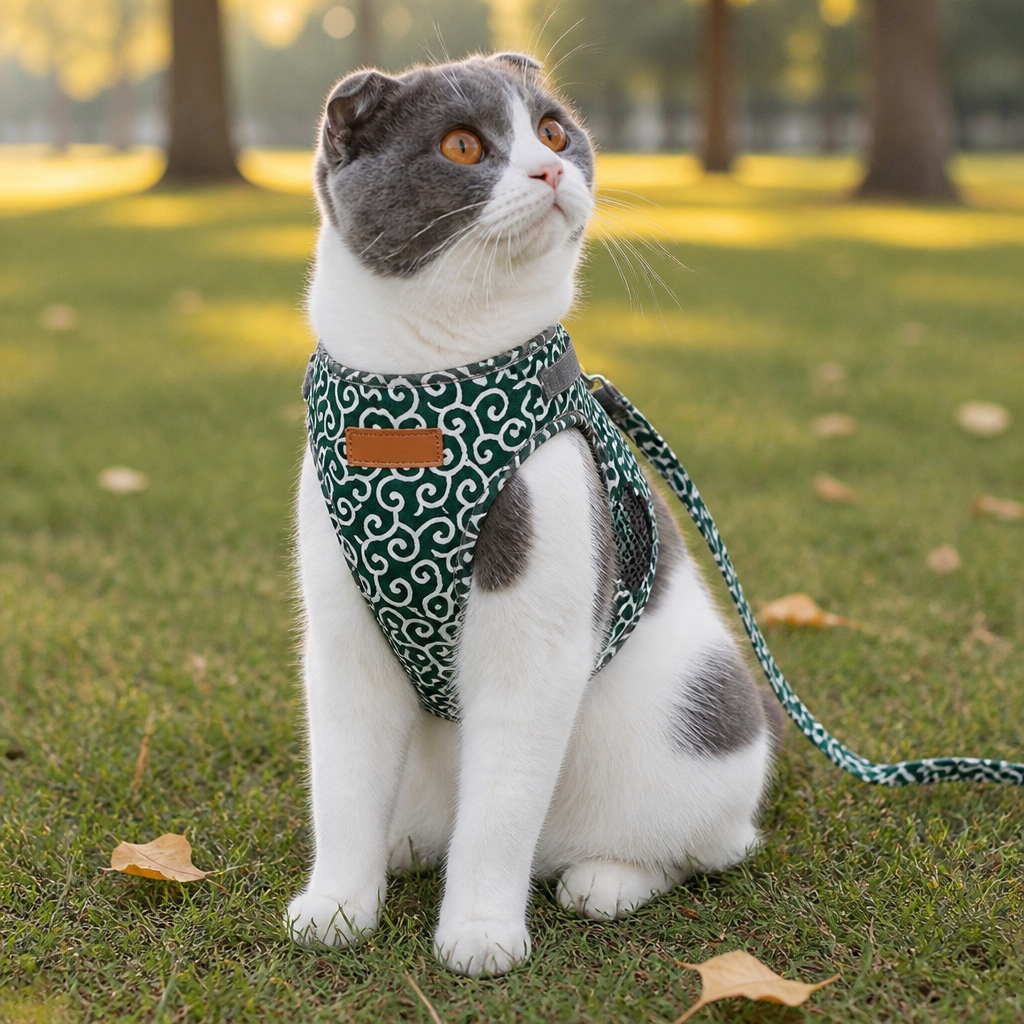 PurrfectFit™ – Cat Vest Harness with Japanese Swirl Design and Cushioned Leash