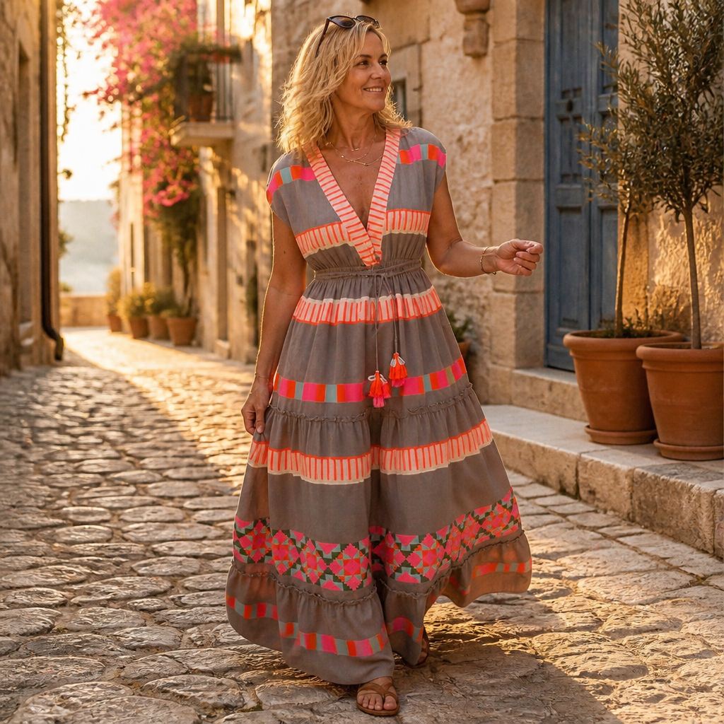 Solana™ – Bohemian V-Neck Tiered Maxi Dress with Tassel Tie and Print