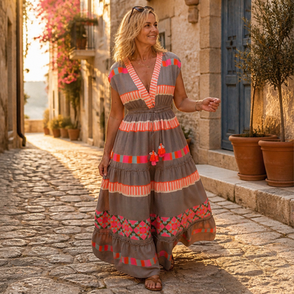 Solana™ – Bohemian V-Neck Tiered Maxi Dress with Tassel Tie and Print