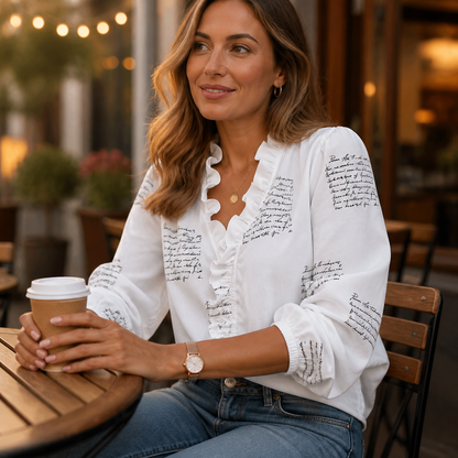 FlairMist™ – Romantic V-Neck Ruffle Blouse with Lantern Sleeves