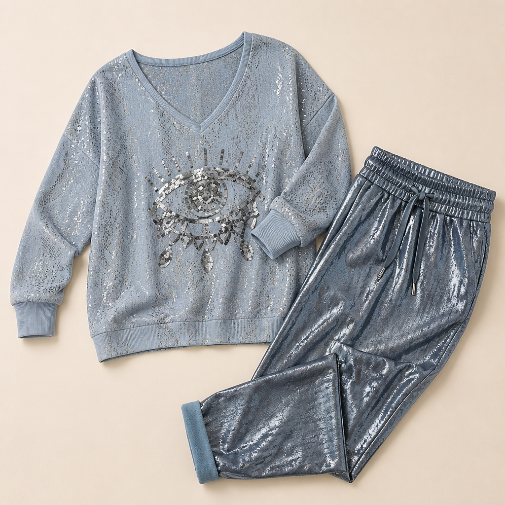LumaPulse™ – Sequined Eye Top Paired with Metallic Drawstring Pants Set