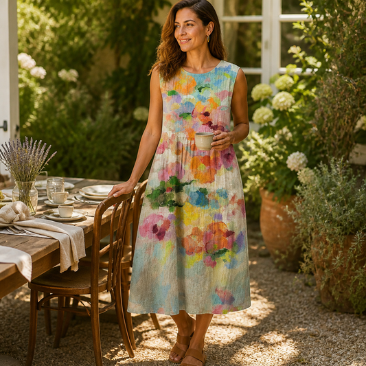 Radianta™ – Sleeveless Midi Dress with Watercolor Print and Side Pockets