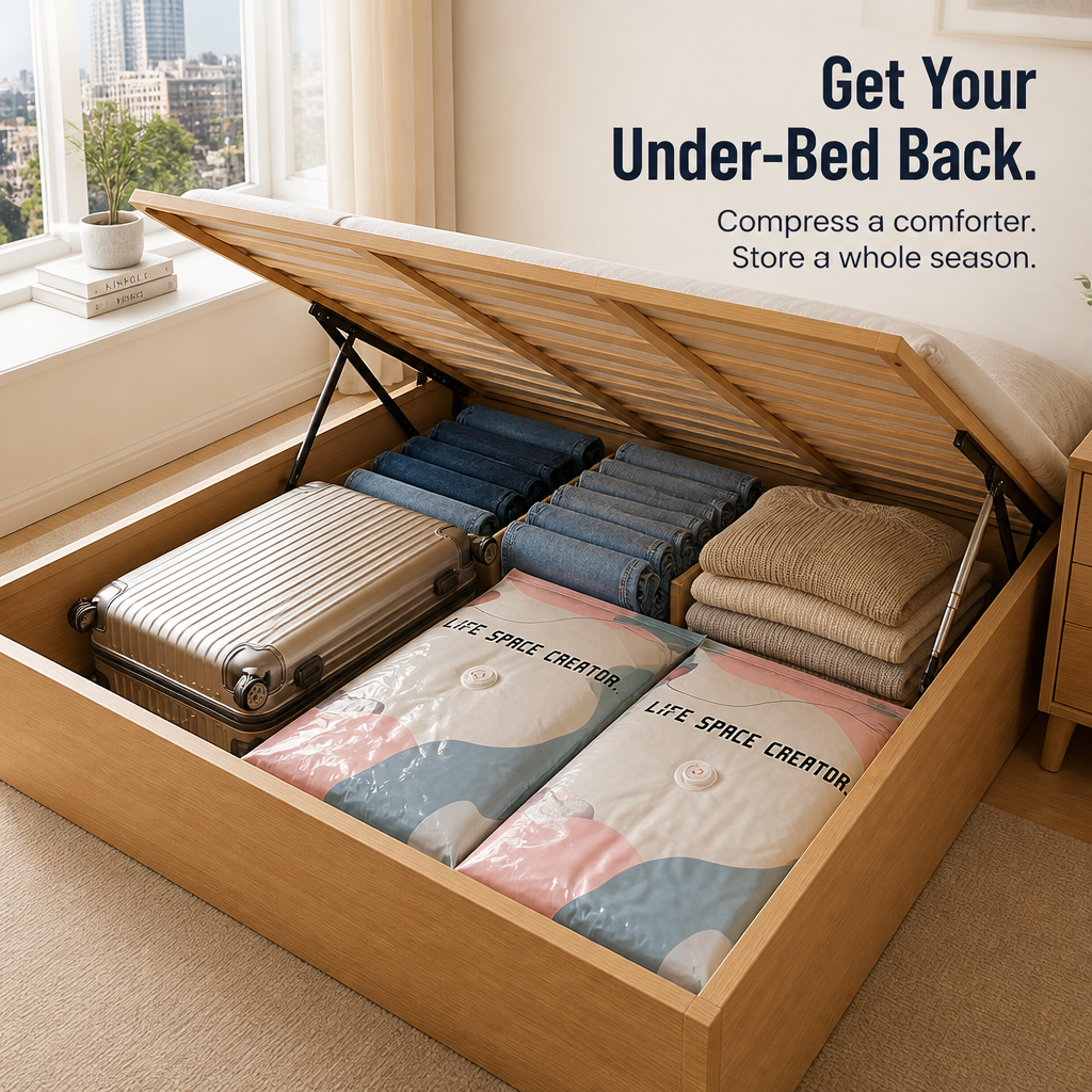 SwiftSpace™ — Squash Comforters, Coats & Bedding to One-Fifth Their Size, No Pump Needed