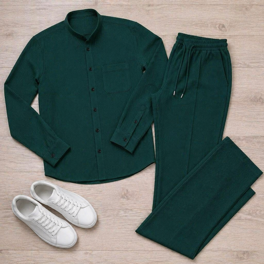 AnyWear™ – Comfortable Waffle-Knit Shirt and Pants Set with Mandarin Collar