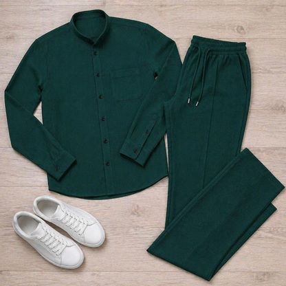 AnyWear™ – Comfortable Waffle-Knit Shirt and Pants Set with Mandarin Collar