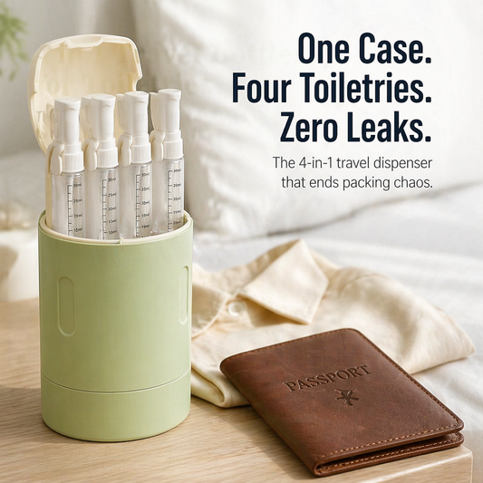 VoyaPack™ — Store, Secure & Dispense All Four Toiletries Within One Case
