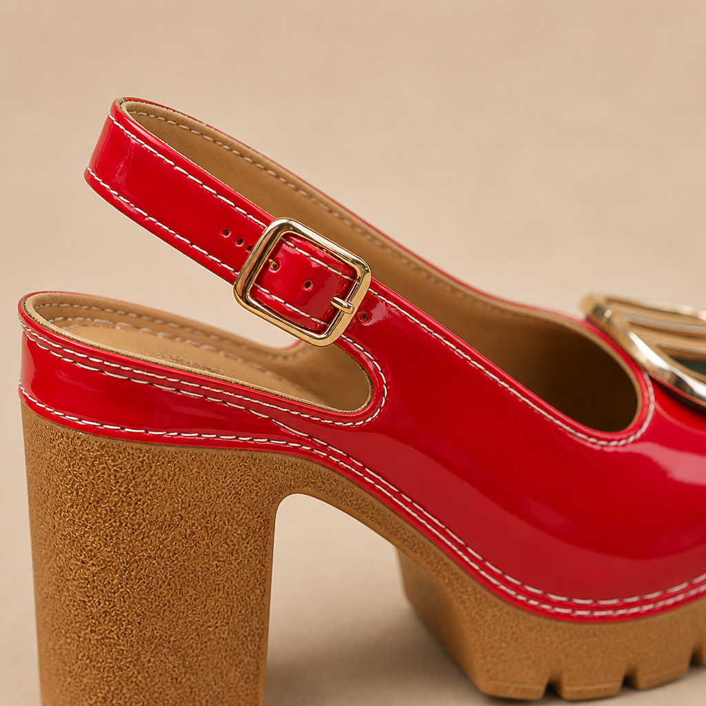 VivantaStrut™ – Striking Chunky Platform Slingback Heels with Golden Buckle