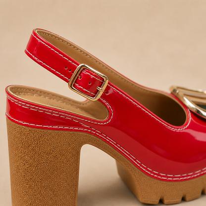 VivantaStrut™ – Striking Chunky Platform Slingback Heels with Golden Buckle