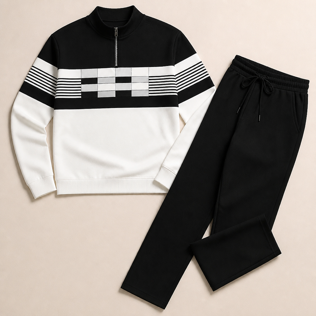 VibeFlex™ – Contemporary Striped Mock-Neck Quarter-Zip Two-Piece Set