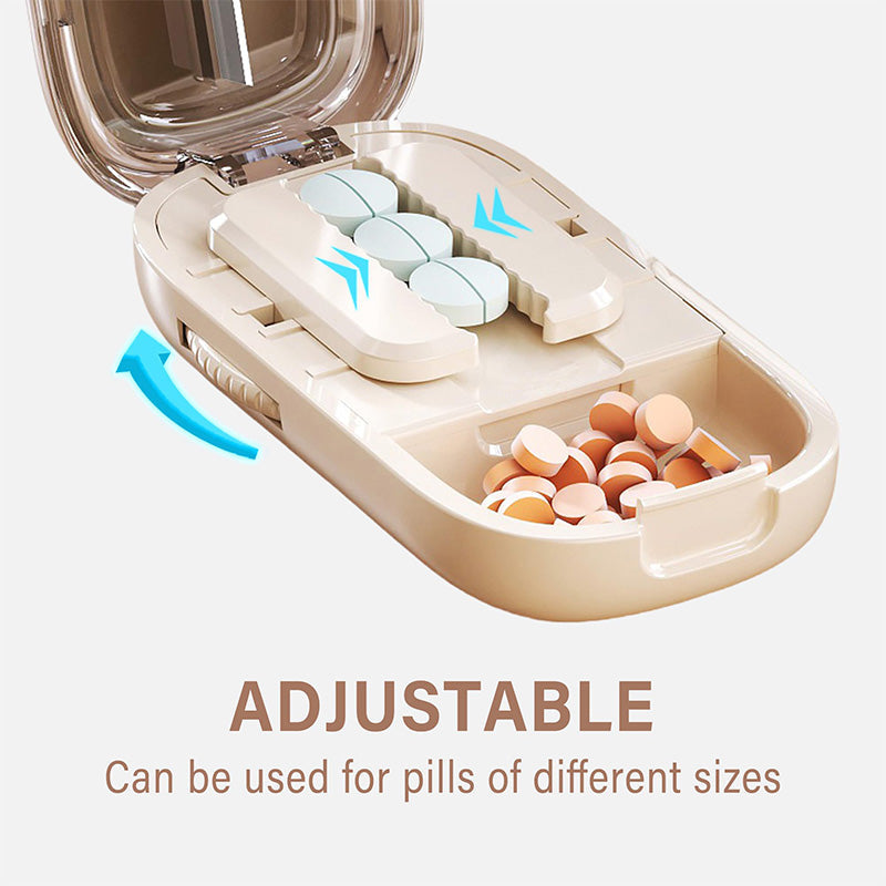 Portable pill organizer with cutter