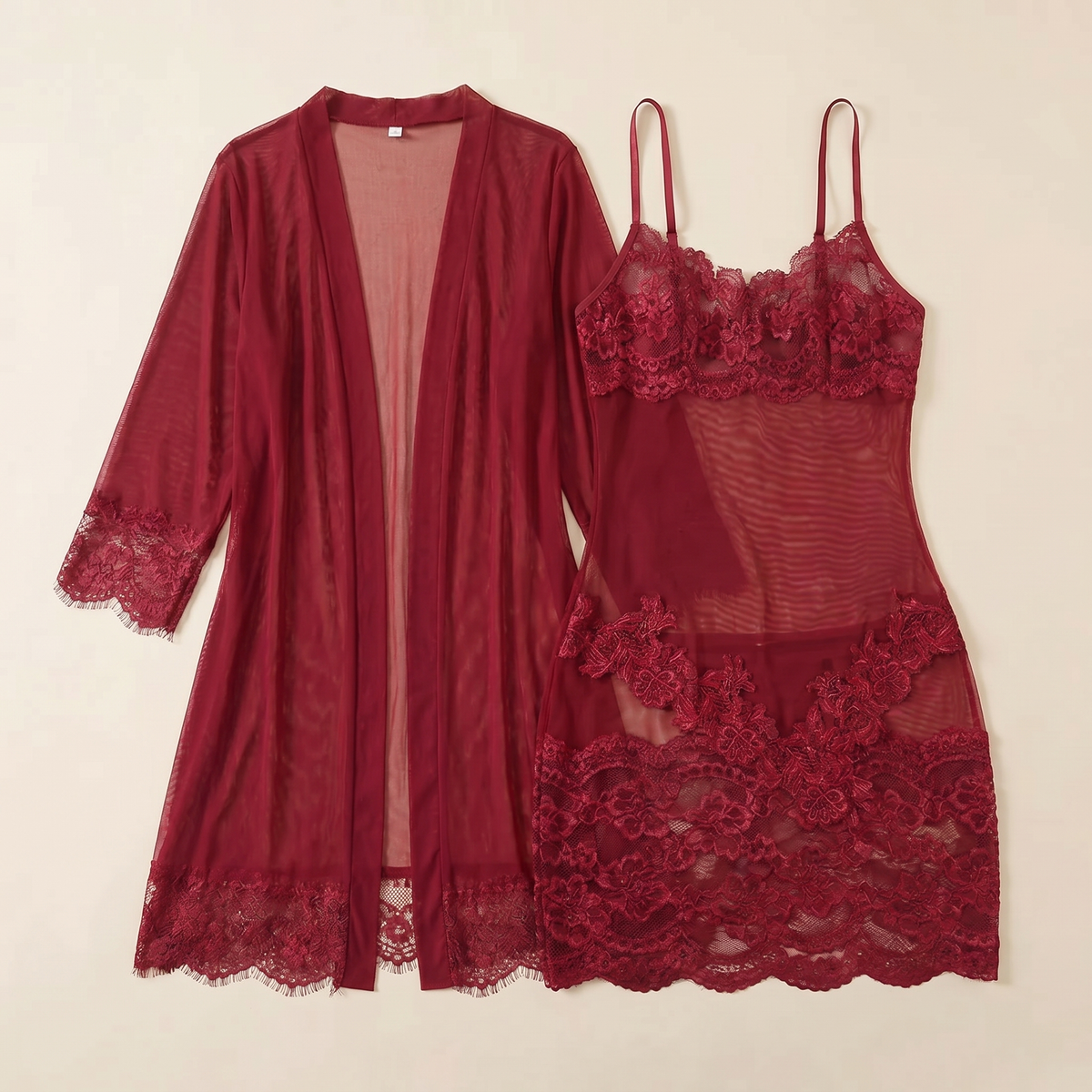 Enchantress™ – Delicate Floral Lace 3-Piece Lingerie Set with Sheer Mesh Robe