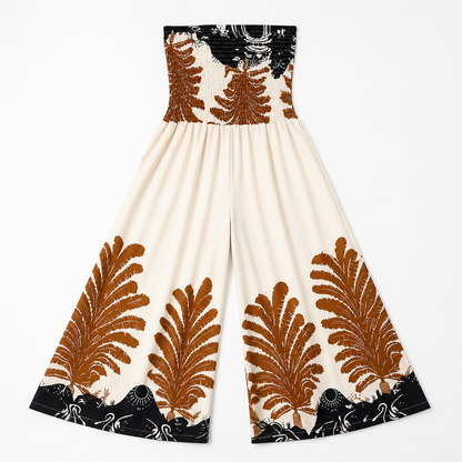 SolaraBreeze™ – Strapless Palazzo Jumpsuit with Tropical Palm Print