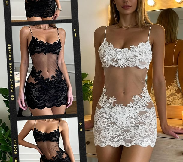 EmberaLuxe™ – Transparent Floral Lace Nightgown with Coordinated Thong