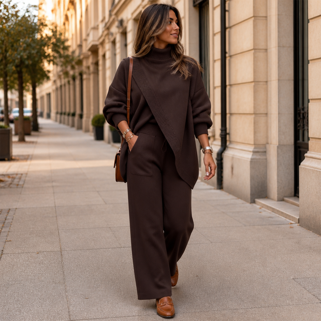 CelestiaKnit™ – Asymmetric Oversized Knit Set with Wide-Leg Trousers