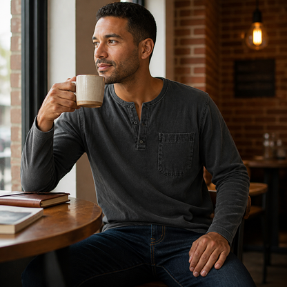 VeroVibe™ – Retro Washed Long Sleeve Henley Featuring Chest Pocket