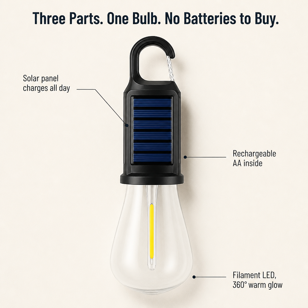 LumaVibe™ — Solar Clip-On Bulb Illuminates Entire Tent Overnight, Battery-Free