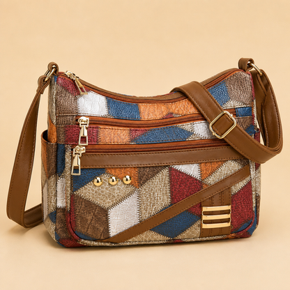 Mosaica™ – Retro Geometric Patchwork Shoulder Bag with Adjustable Strap
