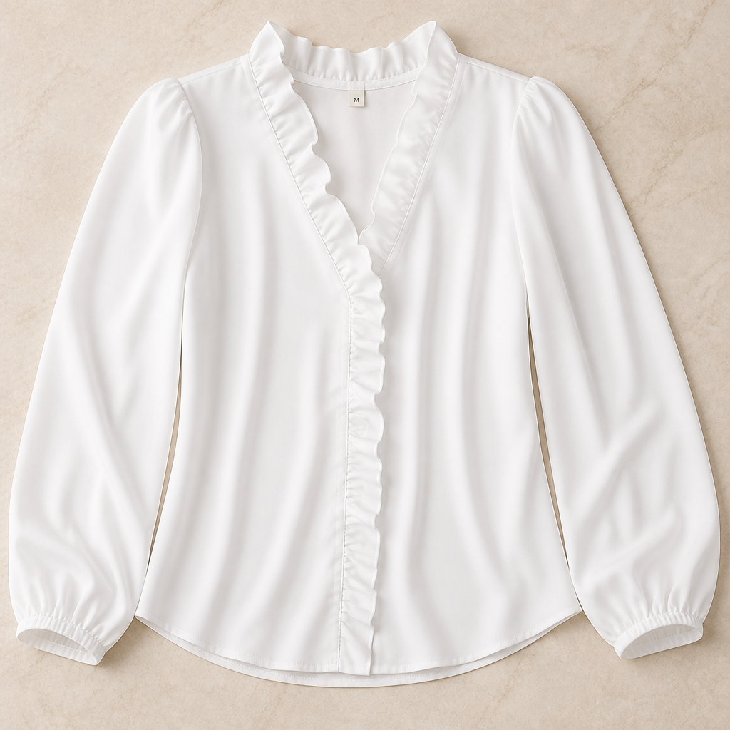 FlairMist™ – Romantic V-Neck Ruffle Blouse with Lantern Sleeves