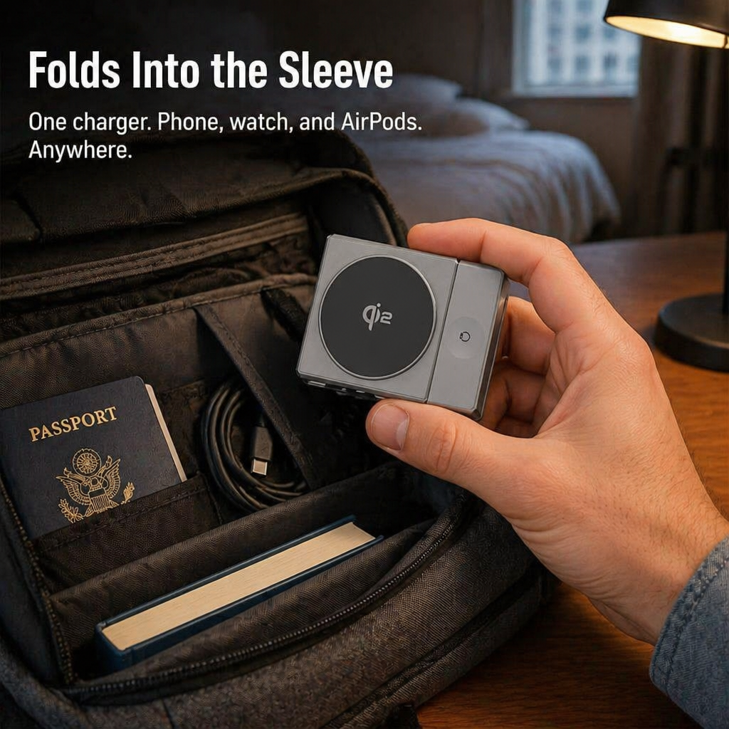 ChargeFlow™ — Clip Your iPhone, Watch & Headsets Onto Single Foldable Qi2 Stand