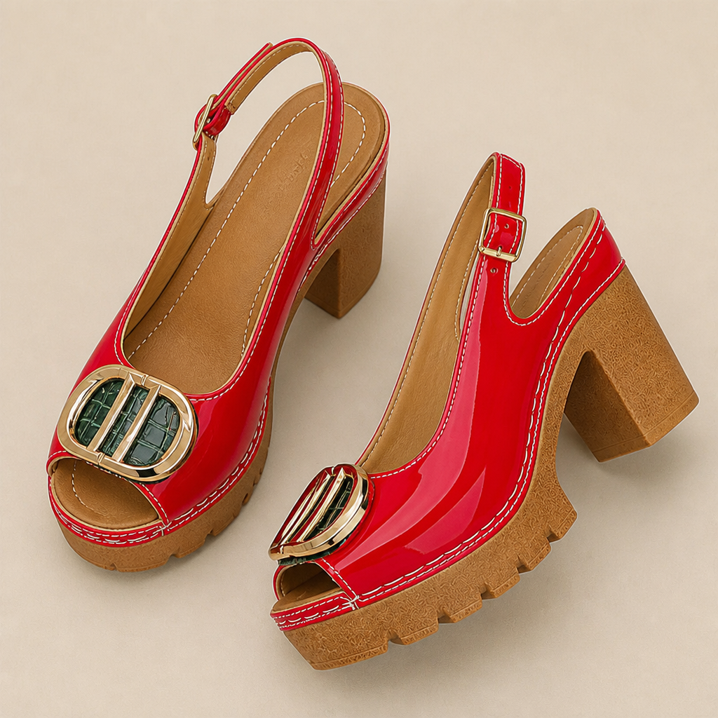 VivaStride™ – Patented Peep-Toe Block Heel Sandals Featuring Bold Gold Buckle