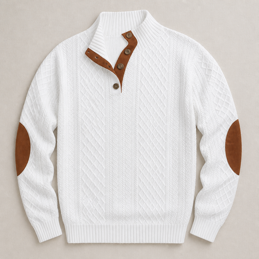 AtlasForge™ – Jacquard Textured Stand-Collar Sweater Featuring Elbow Patches