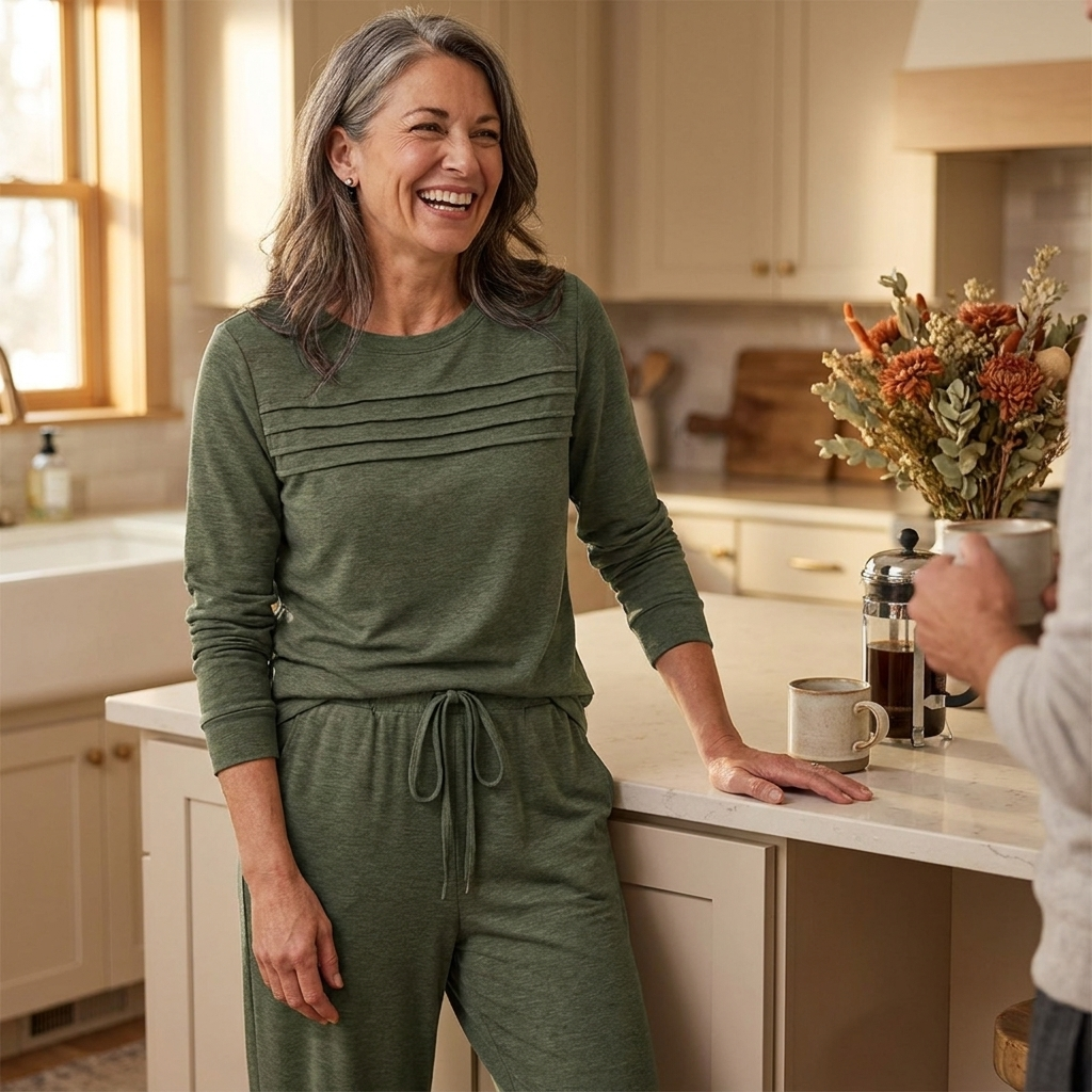 OptimaWear™ – Pleated-Yoke Soft Knit Two-Piece Lounge Set
