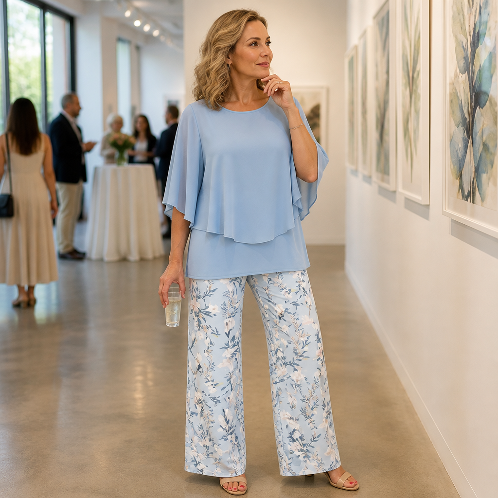 Flexara™ – Chic Layered Chiffon Blouse and Wide-Leg Patterned Pant Set