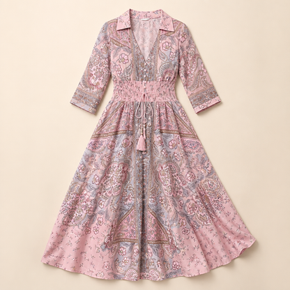 Mirella™ – Bohemian Paisley V-Neck Maxi Dress Featuring a Smocked Waist